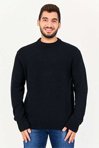 CELIO Men Crew Neck Textured Long Sleeve Sweaters, Black