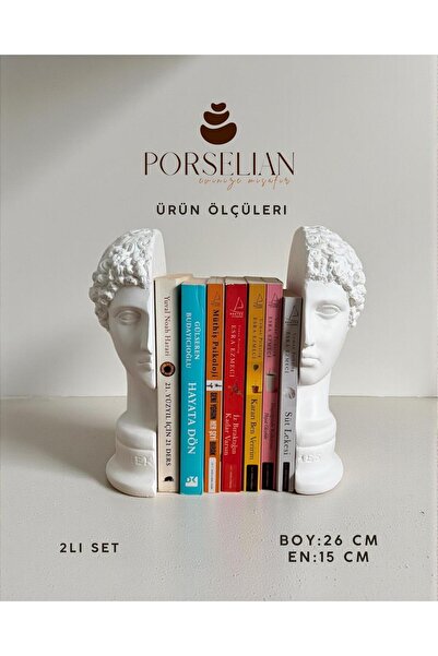 Porselian 2'li Set Dekoratif Beton Antik Büst Kitap Tutacağı 26 cm Siyah Heyk...
