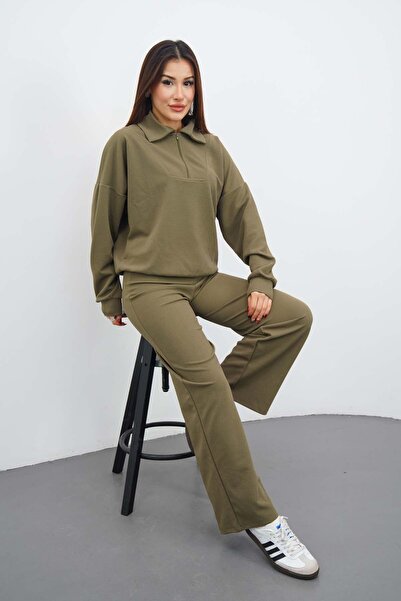 DI LORIA Women's Khaki 3-Piece Tracksuit Set Zippered Sweatshirt Shorts Pants