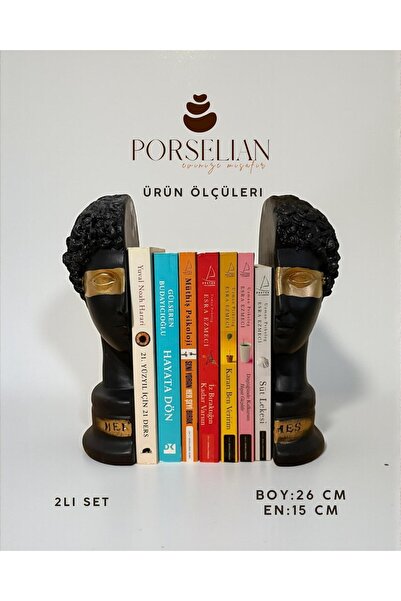 Porselian 2'li Set Dekoratif Beton Antik Büst Kitap Tutacağı 26 cm Siyah Heyk...