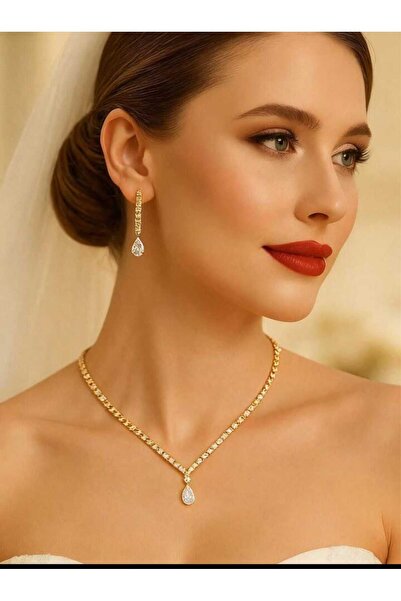 Ümaks Silvers Gold Elegant Zircon Stone Silver Necklace Earring Set – Special...