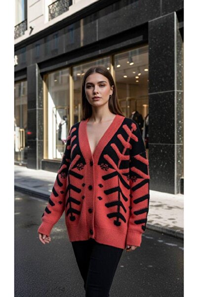 Miss Poem Buttoned Oversized Women's Patterned Coral Knitwear Cardigan