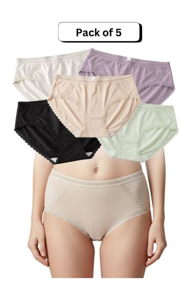 Comfort Women’s Lace Trim Cotton Briefs Pack of 5 – Breathable Stretch Hygienic