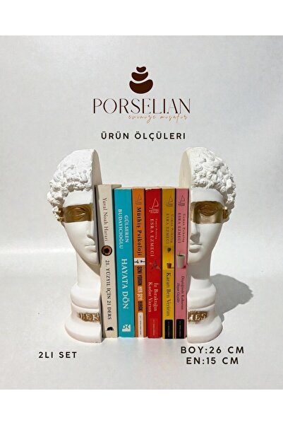 Porselian 2'li Set Dekoratif Beton Antik Büst Kitap Tutacağı 26 cm Siyah Heyk...