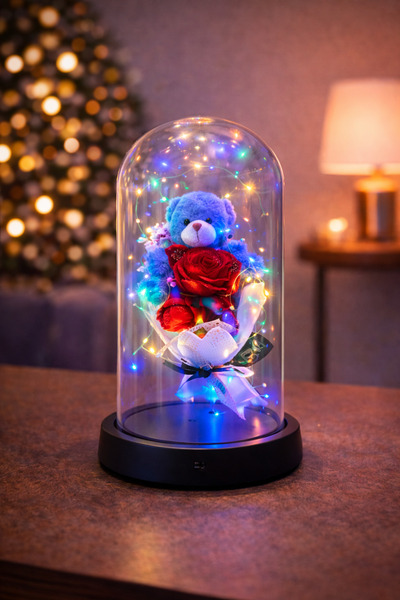 hediyeconcepti Cam Fanus İçinde Renkli LED Işıklı Çiçek & Ayıcık – Dekoratif ...