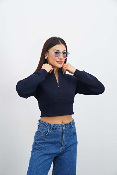 DI LORIA Kadın Lacivert Fermuarlı Crop Sweatshirt