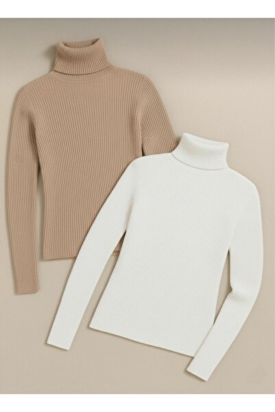 VALERO Women's White Beige 2-Pack Corded Fabric Turtleneck Cotton Turtleneck ...