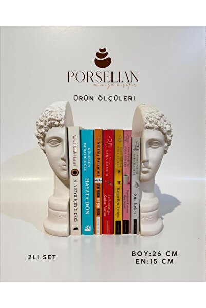 Porselian 2'li Set Dekoratif Beton Antik Büst Kitap Tutacağı 26 cm Siyah Heyk...