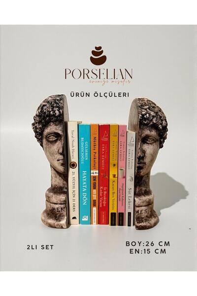 Porselian 2'li Set Dekoratif Beton Antik Büst Kitap Tutacağı 26 cm Siyah Heyk...