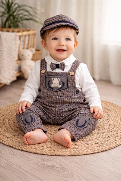 BYMURAT BABY Şapkalı Papyonlu Erkek Bebek Salopet Tulum