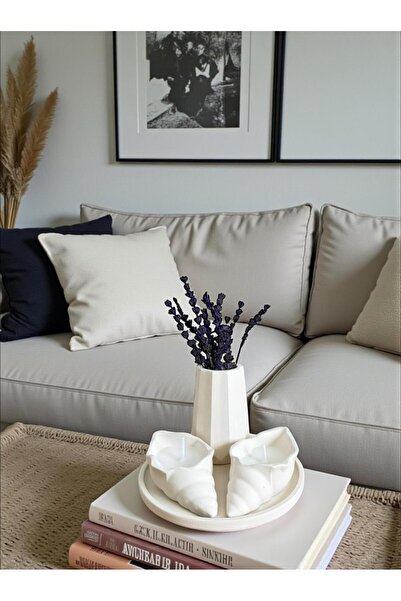 Porselian 2'li Dekoratif Beton Set - İstiridye Mum, Sahil Esintili Minimalist Aksesuar