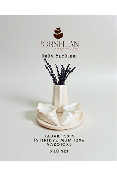 Porselian 3'lü Dekoratif Beton Set - İstiridye Mum, Mini Vazo ve Sunum Tabağı