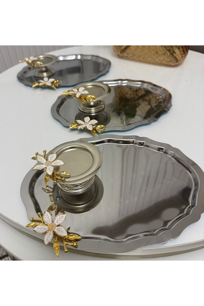 SEVA ÇELİK Two Models 6 Pieces Steel Oval Trays with Lily Decoration and Silv...
