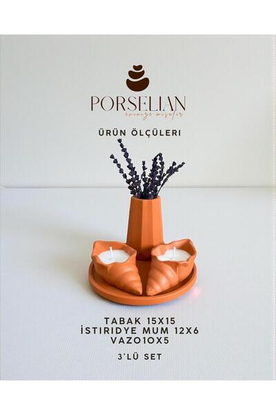 Porselian 3'lü Dekoratif Beton Set - İstiridye Mum, Mini Vazo ve Sunum Tabağı