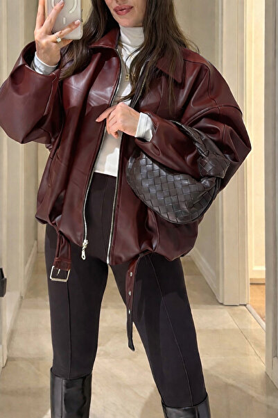 Jaglion Luvren Burgundy Trend Oversized Bomber Belted Leather Jacket