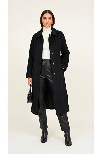 Soydan Güner Siyah Alpaka Tuşe Bebe Yaka Kuşaklı Rahat Kalıp Kadın Kaban 2500