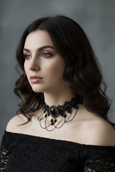 shop Oval Siyah Kristal Taşlı Dantel Choker Kolye - Katmanlı Zincir Sarkıtlı ...