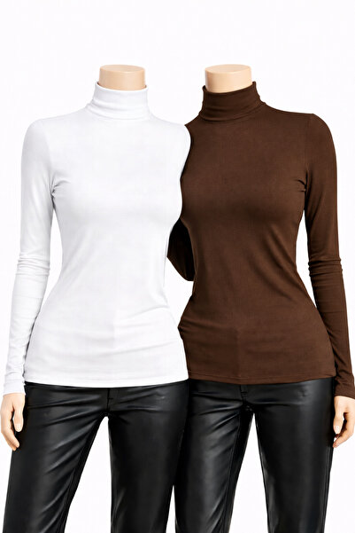 belpa Women's White Brown Long Sleeve 2-Piece Bodysuit