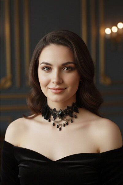 shop Oval Siyah Kristal Taşlı Dantel Gotik Boyunluk - Katmanlı Zincir ve Bonc...