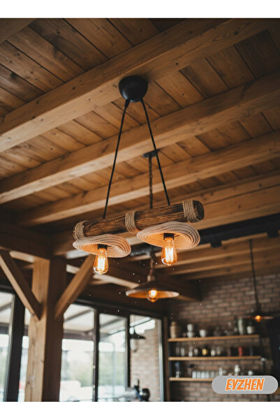 Eyzhen Bükülebilir Başlıklı Rustik Ahşap Halat Detaylı 2 li Sarkıt Avize Bohe...