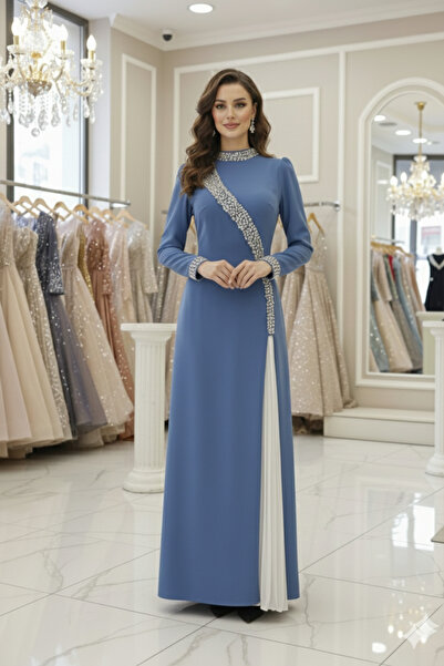 Aynur Tesettür Modest Evening Dress Pearl Crystal Beading Embroidered Pleated...