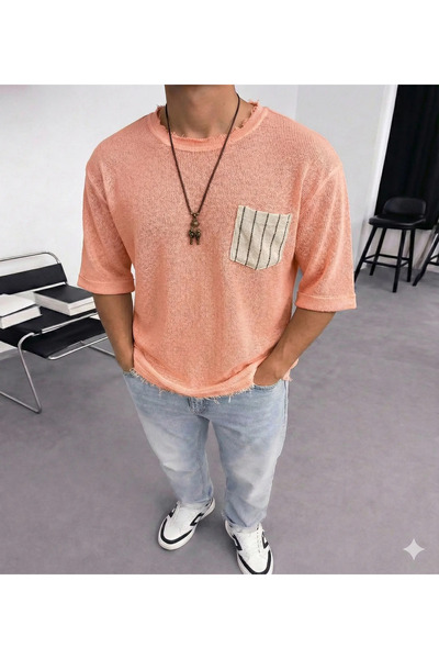 FıttingRoom Oversized Bohemian Cotton Linen Orange Tshirt