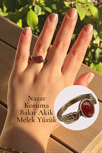 NBS Beautiful Naturel Stones Nazar Agate Copper Ring Adjustable Angel Model S...