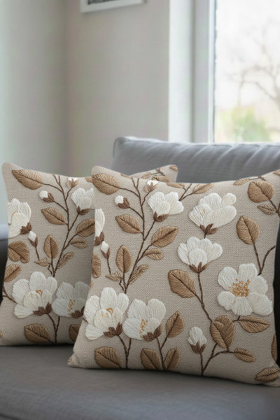 Ahsen Dekoratif Punch Nakış Desen DİJİTAL Baskılı Bej Papatya Temalı 2li Kırl...