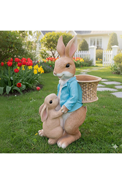 İki Cadı Tasarım Sepetli Yavrulu Tavşan Polyester Dekoratif Obje