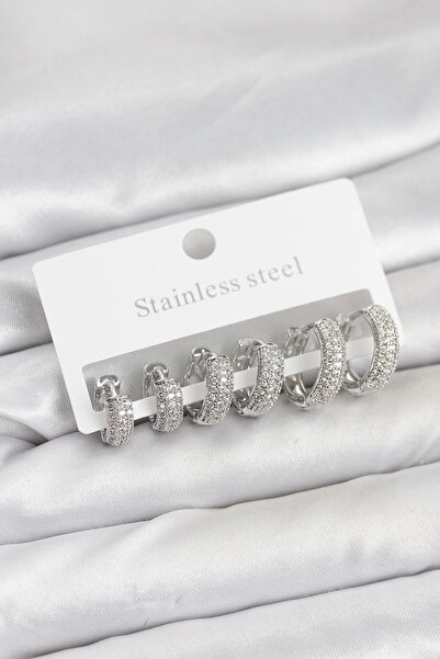 Generic Brand 316L Steel Silver Color Zircon Stone Hoop Earrings Set