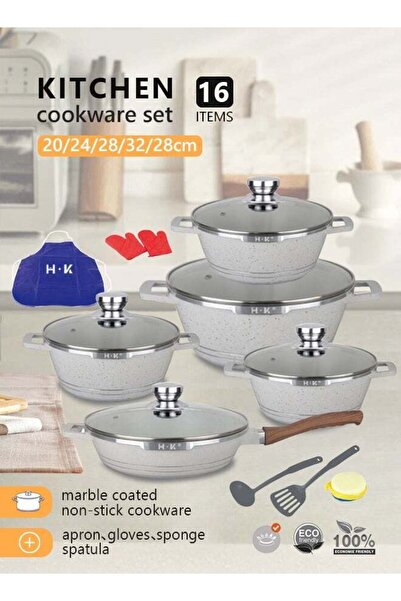 hk 16-piece kitchen cookware set, with non-stick cookware set, glass lid