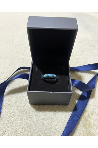 Hiis Store Kadın Mavi Mineli Çizgili Yüzük - Modern Tasarım Renkli Emaye Yüzü...