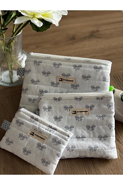 dyhandmade Fiyonk Desenli Makyaj Çantası/Organizer Seti