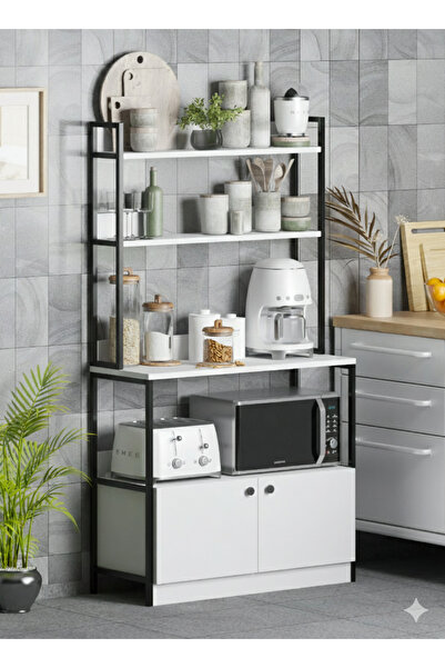 EVİMCE MOBİLYA Mutfak Standı 2 Kapaklı 5 Raflı Kahve Köşesi Bazalı Mutfak Raf...