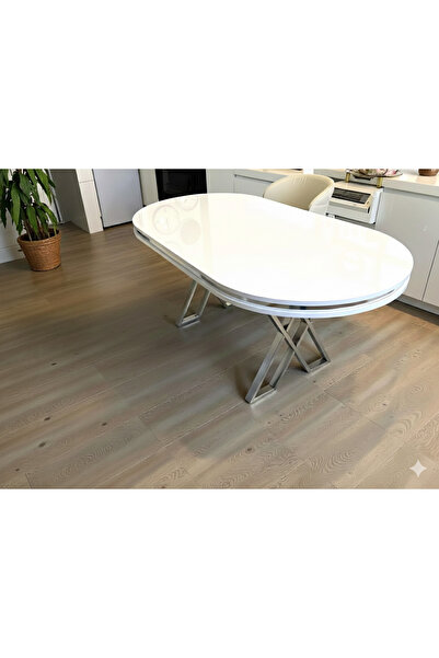 MSY HOME Beyaz Krom Detaylı Lake Panel 90*170 Cm Oval Masa