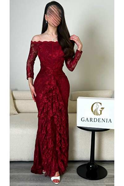 Gardenia Fashion فستان أحمر من الدانتيل مكشوف الكتفين
