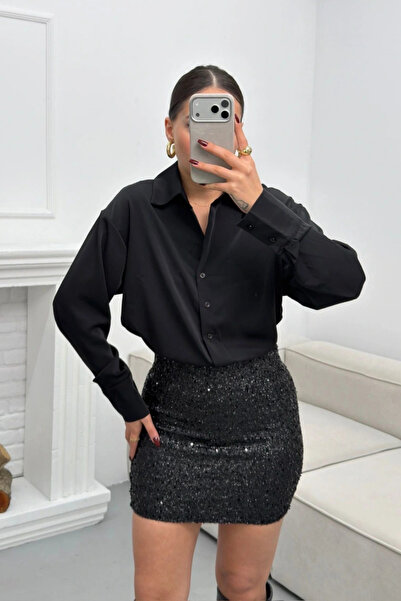 MOZENA Pul Payet Etekli Gömlek Elbise