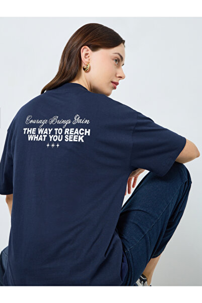 Styli Women Navy Blue Slogan Oversized T-Shirt