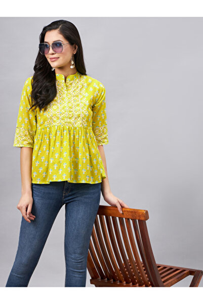 WineRed By Styli Women Lime Green Printed Top with 3/4 Sleeve