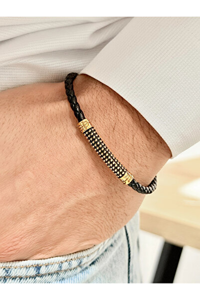 FERRO Silver and Yellow Steel and Leather Men's Bracelet Frj10103B-D with 2 Y...