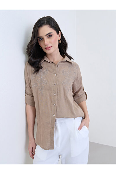 Styli Brown Embroidered Cotton Oversized Shirt