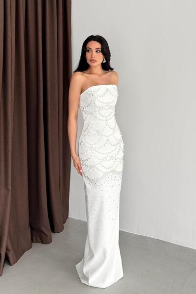 Serica Moda White Pearl Embroidered Yı Slit Strapless Pencil Evening Dress