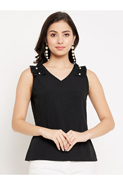 WineRed By Styli Women Black Sleeveless Top with Frill Detail