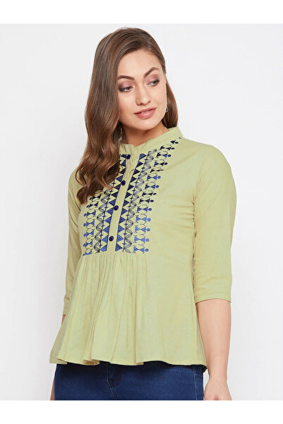 WineRed By Styli Women Embroidered Green Cotton Linen Blend Top