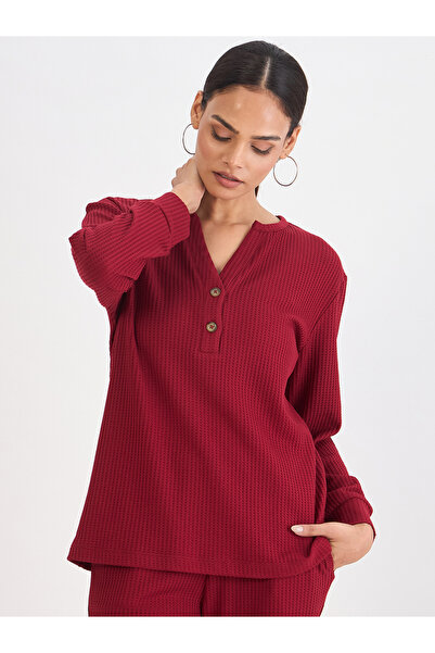 Femmella By Styli Women Red Waffle Knit Long Sleeve Top