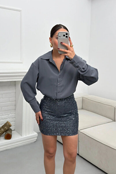 MOZENA Rochie cămașă cu fustă cu paiete