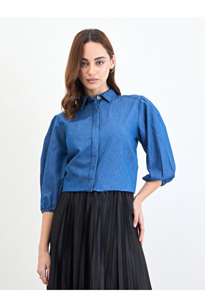 Styli Solid Denim Shirt with Balloon Sleeves