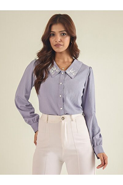 WineRed By Styli Women Purple Embroidered Collared Shirt