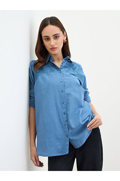 Styli Blue Embroidered Longline Shirt