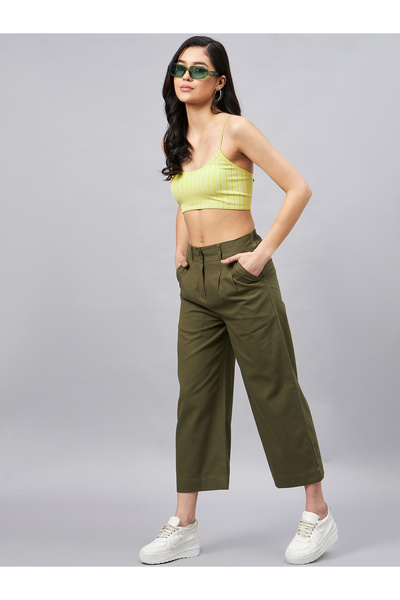 WineRed By Styli Women Olive Green Wide Leg Trousers